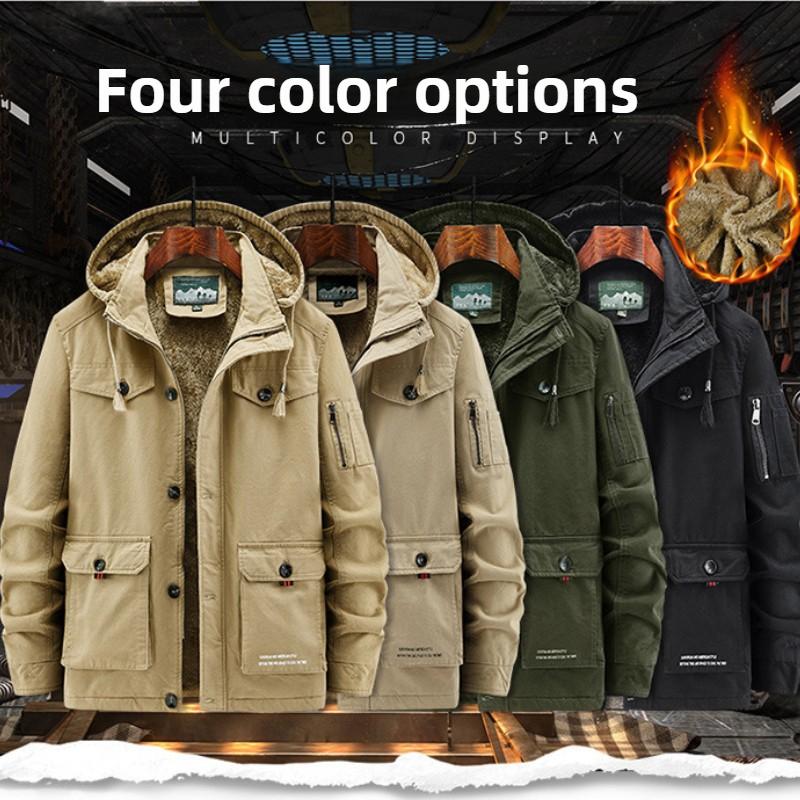 Winter Men's Cotton Coat Plus Velvet and Thickened Coat, Work Jacket, Multi-pocket Hooded Top Coat