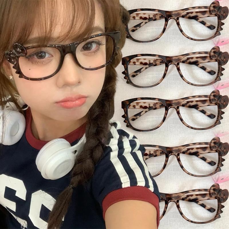 New Y2k Leopard Print Bow Glasses Korean Style Without Lense Eyeglasses Frame Eyewear Kawaii Harajuku Cosplay Party Accessories