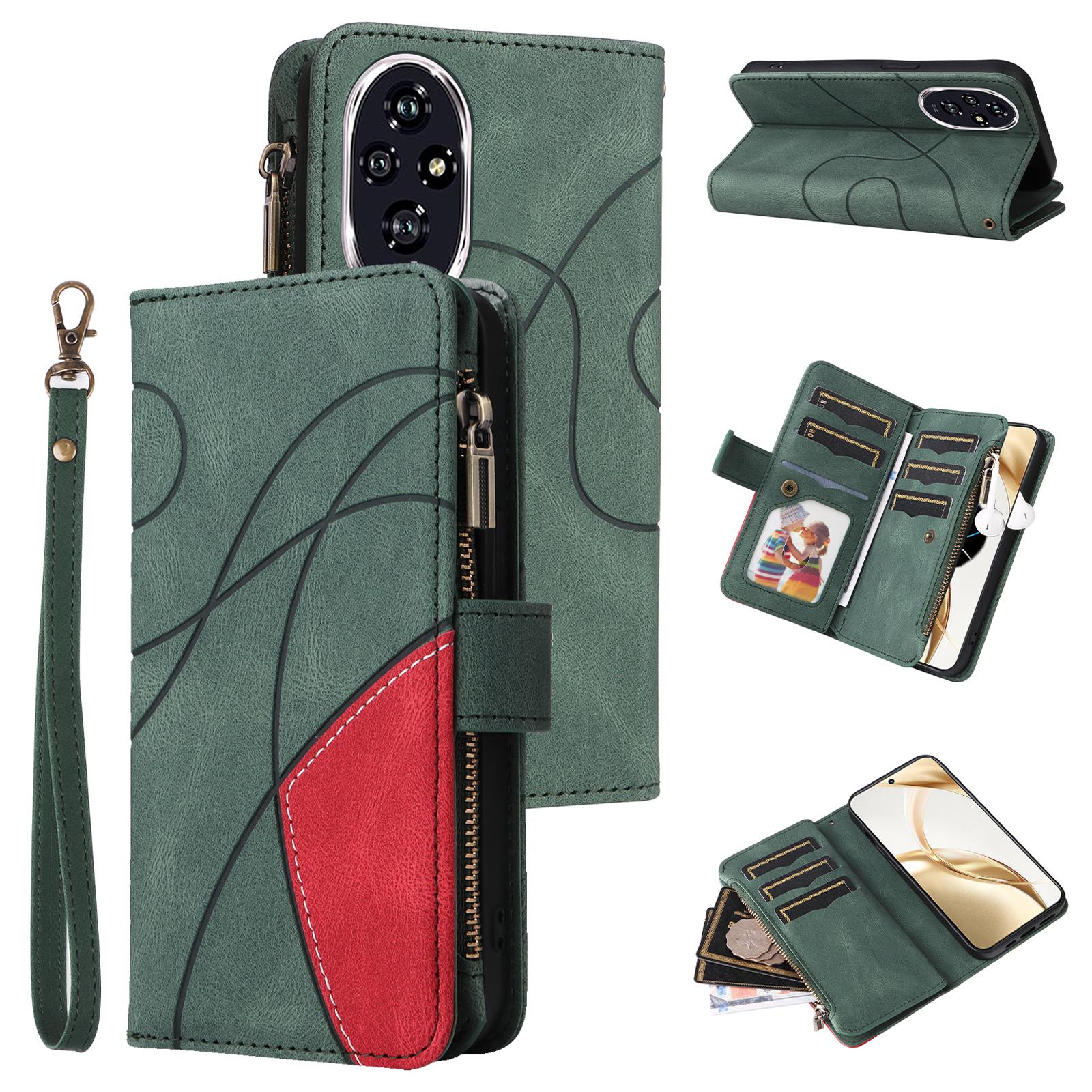 

Шкіряний чохол для Honor 200 5G з ремінцем, на блискавці, 9 слотів для карток, чохол для телефону зі стендом Green