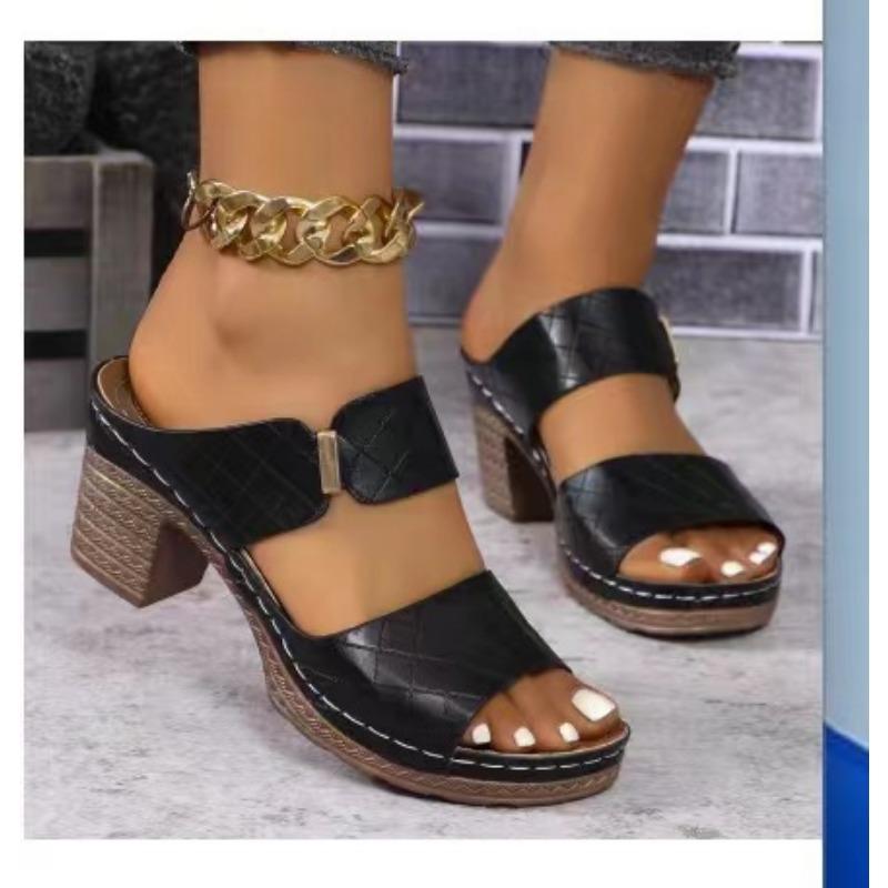 New large-size open-toed high-heeled slippers women's new thick-heeled embossed fashion cool slippers
