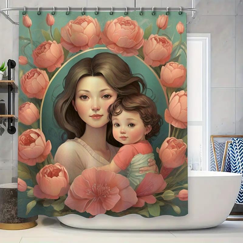 Charming Mother And Child Floral Shower Curtain - Waterproof, Mildew-Resistant, Machine Washable For Elegant Bathroom Decor