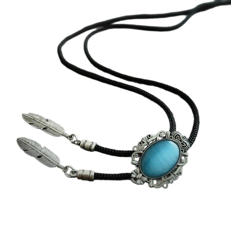 Men Women Handmade Vintage Bolo Tie Western Cowboy Braided Rope Necktie with Antique Stone Feathered Pendant Necklace
