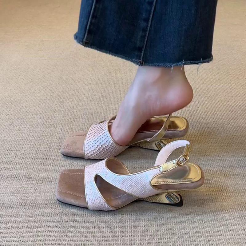

Sheepskin version temperament square head slope heel open toe side empty rear strap summer fashion versatile fashion sandals women s 40