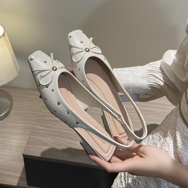 

Bow back empty strap thick heel sandals women s outer wear polka dot rivets square head Mary Jane single shoes summer 39