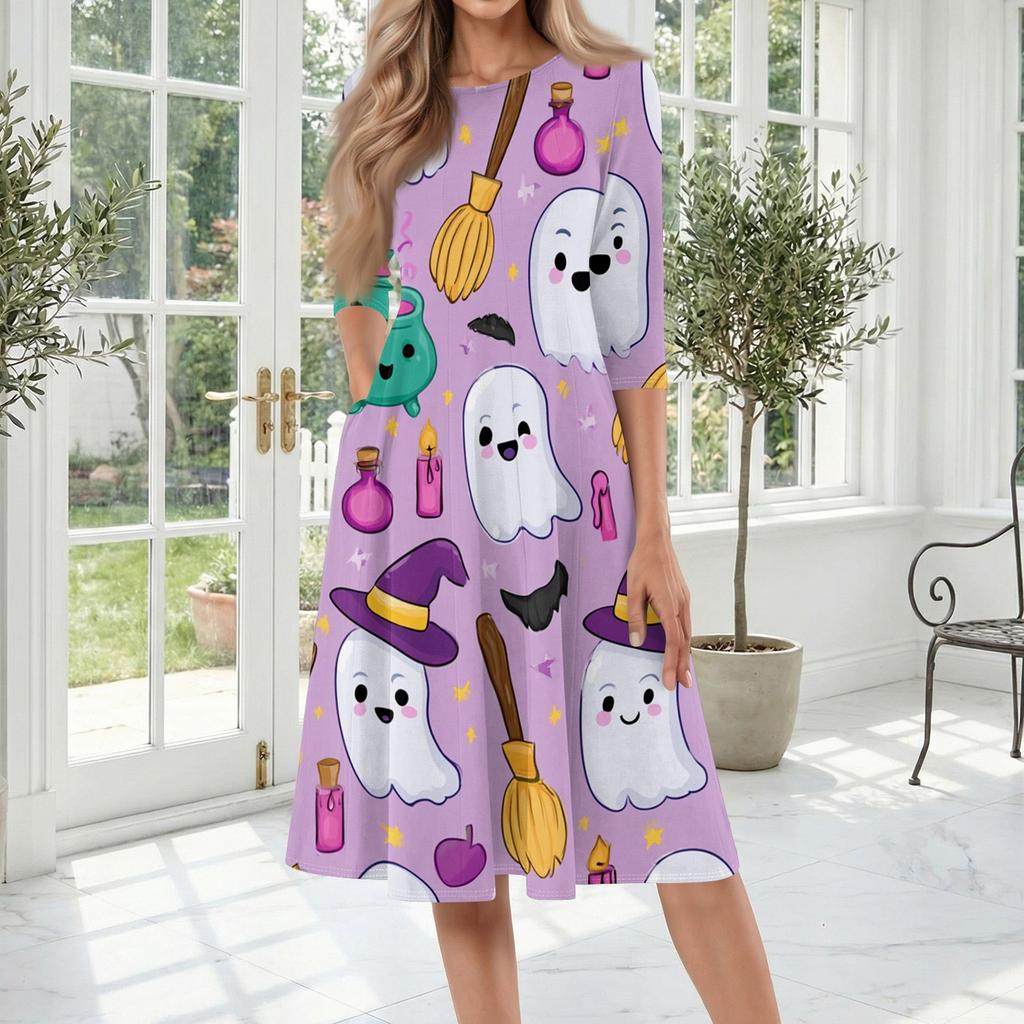 Women's Casual Midi Dress Halloween Print Round Neck Three Quarter Sleeve Mid-Length Dress Comfortable Fit