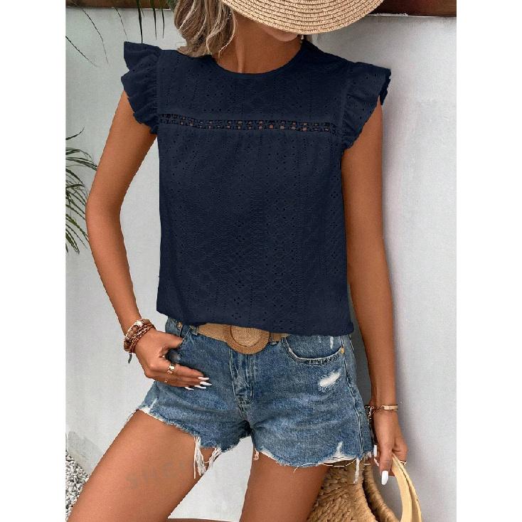 2026 Women's Summer New Round Neck Lace Solid Color Ruffle Short Sleeve Top