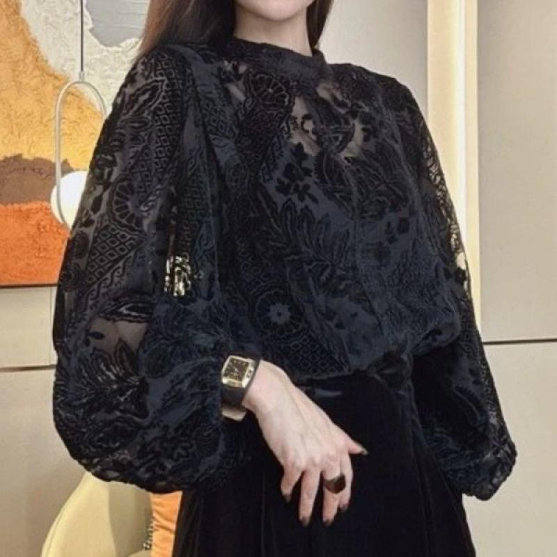 Vintage Lantaarnmouw Kant Blouse Shirt Franse Chic Velours Losse Pullover Sexy Kantoor Dame Doorzichtig Chic Tops Kleding