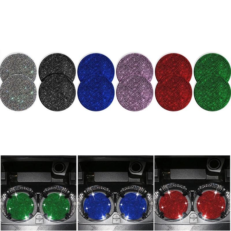 2Pcs Diamond Car Coaster Water Cup Slot Non-Slip Mat Silica Gel Pad Cup Holder Mat Car Gadget Bling Car Accessories for Woman