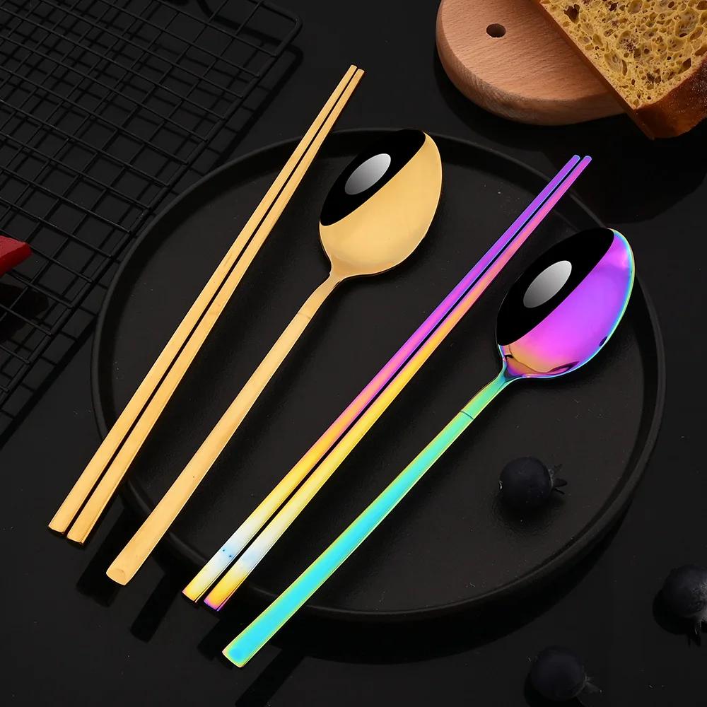 Korean 8Pcs Tableware Set High Quality Stainless Steel Dinner Set Black Gold Dinnerware Spoon Chopsticks Flatware Cutlery Set