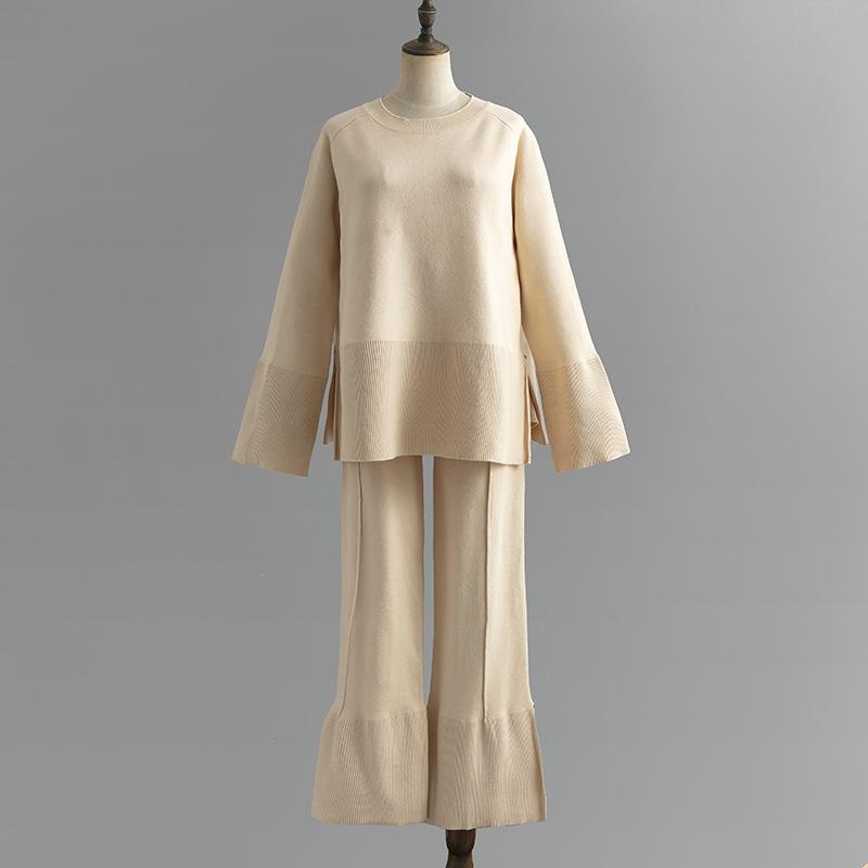 Loose Knit Sweater Suit Autumn Winter Women Horn Sleeve Round Collar Slit Two Piece Sets