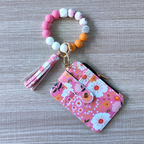 Ladies Floral Wristlet Wallet Boho Style Coin Purse Keychain with Tassel Elastic