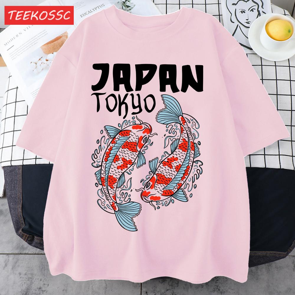 Harajuku Japan Tokyo Koi Print Man TShirt Summer New Loose Short Sleeve ONeck Cotton T Shirts Trendy Unisex AllMatch Clothes