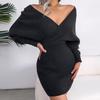 Women Sexy Cross Sweater V-neck Solid Color Lift Hip Evening Party Dresses Long Sleeve Sweaters