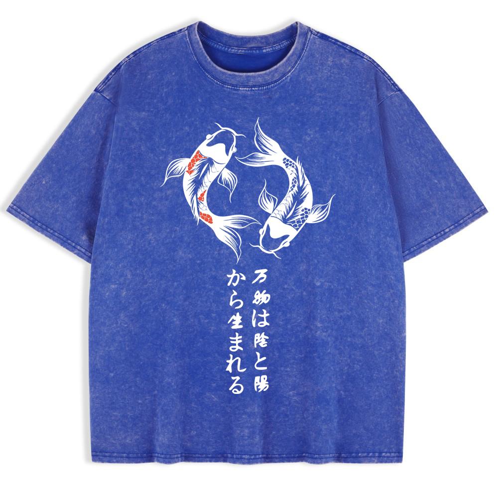 Japanische Koi Harajuku Drucke Gewaschene T-Shirts Herren Baumwolle Oversize T-Shirt Sommer Rundhals Kurzarm Oberteile Kleidung