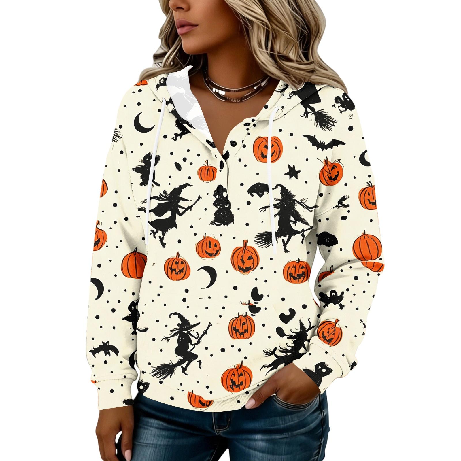 Women s Fashion Hooded Button Front Halloween Print Sweatshirt XXXL
