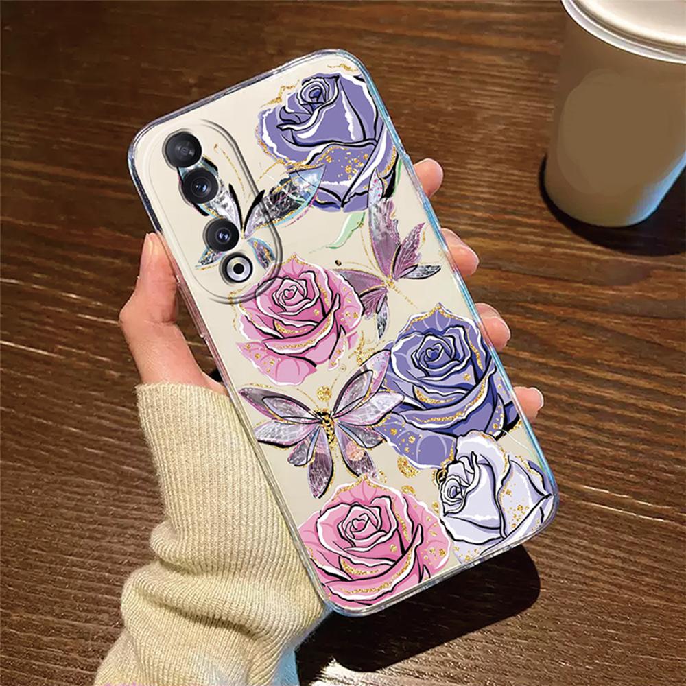 Rose Flower Oil Painting Phone Case For Honor 200 90 Lite X7 70 X8 Transparent Clear Shockproof Cover Romantic Lace Pattern Tpu