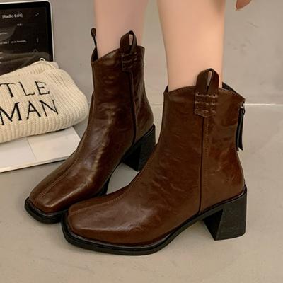 Kvinnor Höga Klackar Snö Ankelstövlar Fyrkantig Tå Skor 2025 Vinter Vardaglig Nya Chelsea Chunky Skor Mode Läder Pumps Botas Mujer