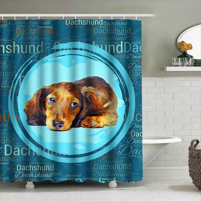 Adorable Dachshund Shower Curtain Blue Background With Red Furry Dog Design For Bathroom Decor Includes Hooks Custom Size Availa
