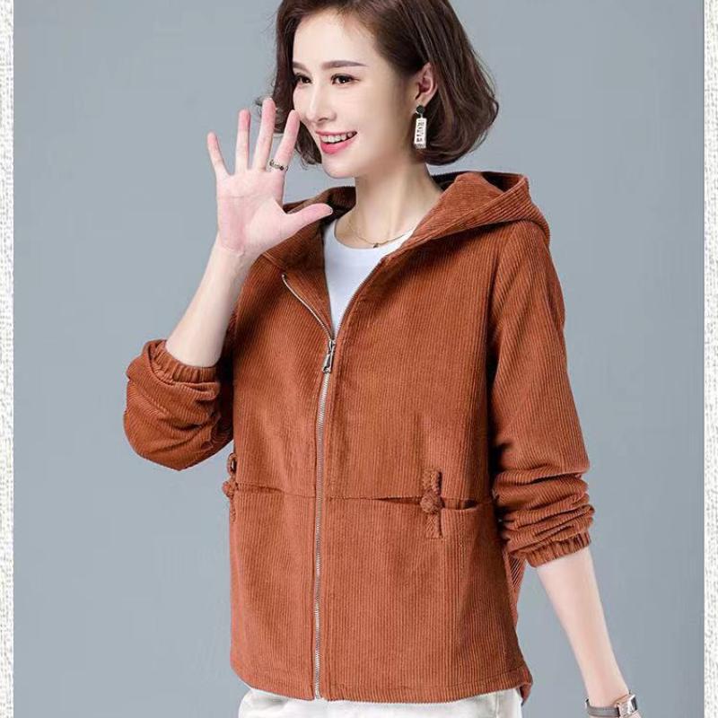 Women's Autumn Jackets Solid Color Hooded Long Sleeve Coat Corduroy Zipper Fashion Ladies Tops Dropshipping