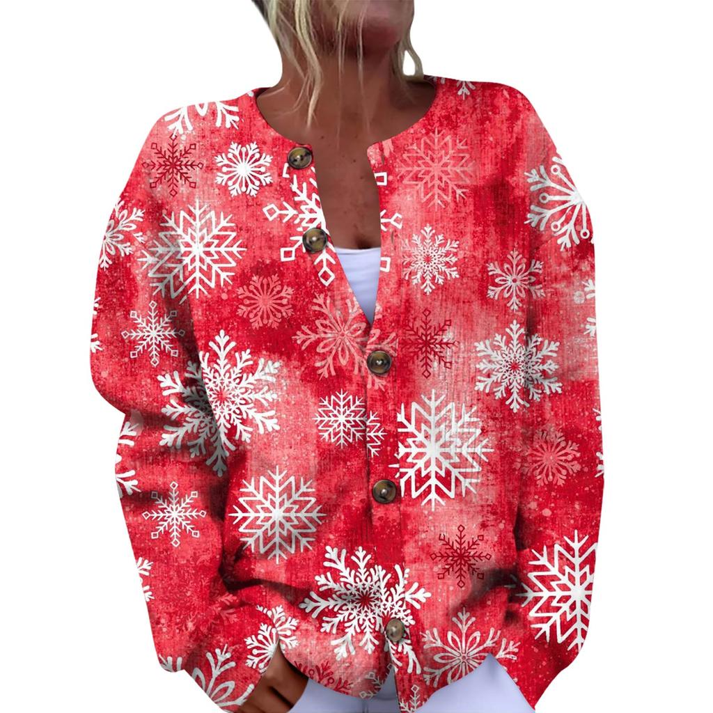 Women's Fashion Christmas Printed Long Sleeve Knitted Cardigan Button Down Jacket