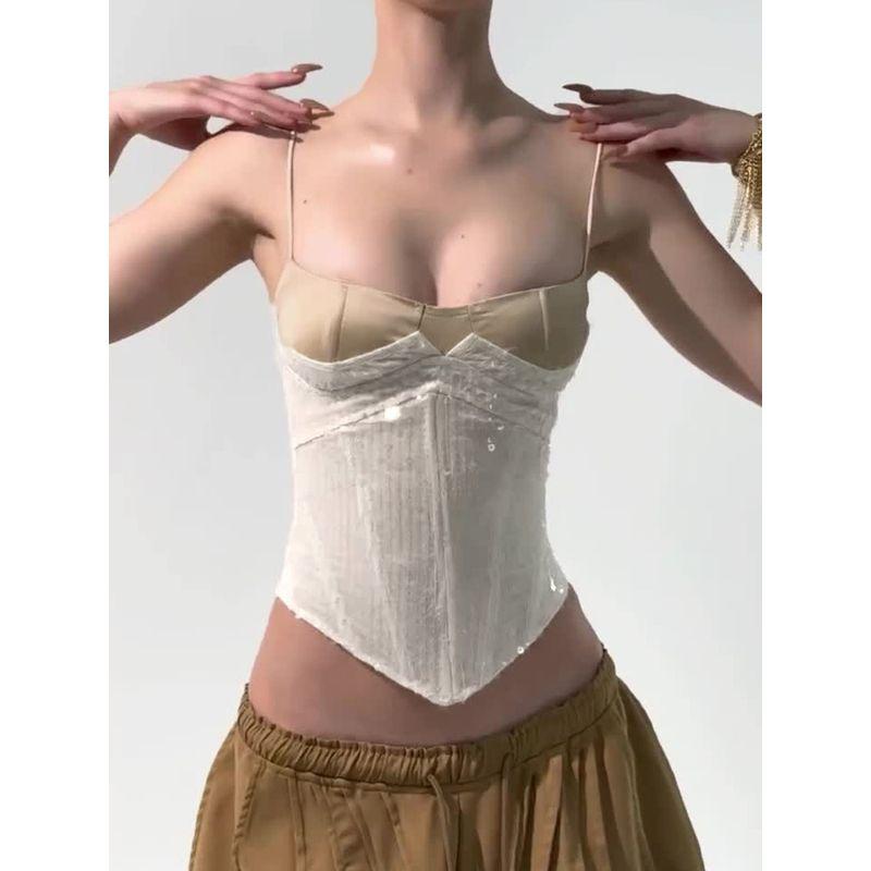 H Home European and American Women's Clothing Ins Fancy Contrast Colors False-Two-Piece Split Waist Strap Backless Lace Up Sequin Corset