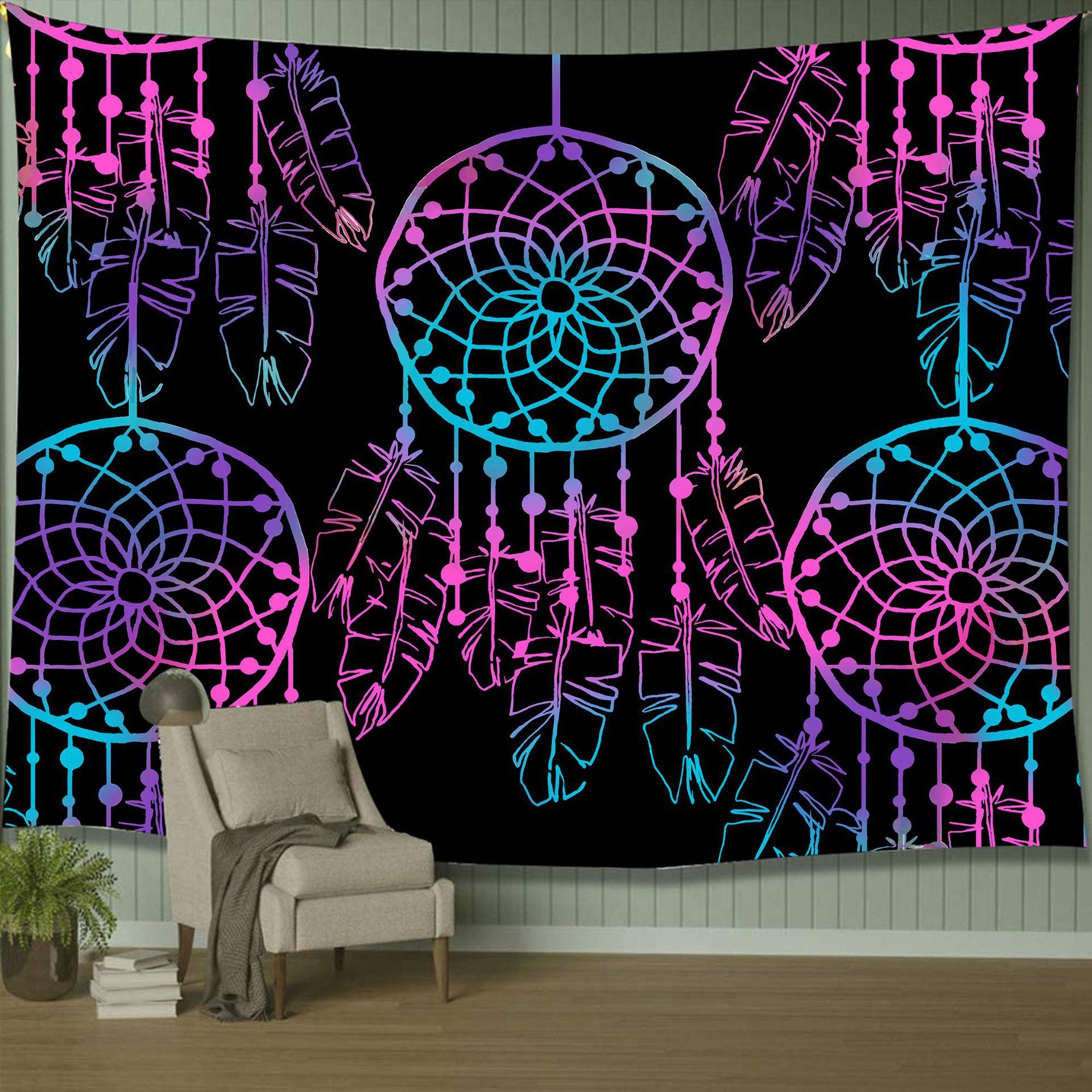 Psychedelic Dreamcatcher Feather Tapestry Hippie Bohemian Mandala Tapestry Wall Hanging Cloth For Living Room Dorm Office Decor 74x94cm(29x37in)