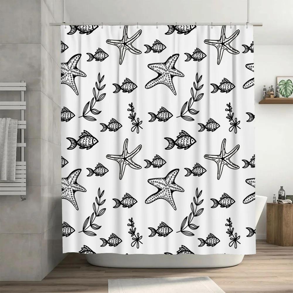 Ocean Life Black White Shower Curtain Bath Decor featuring Fish Starfish Design Polyester Fabric Easy Install Hook Rings Include