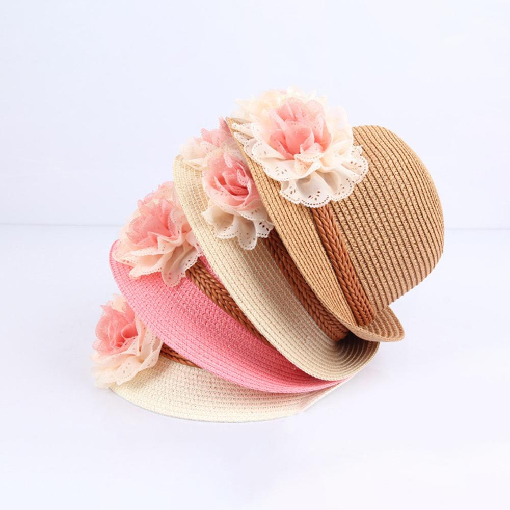 Kids Girls Cute Fashion Flower Large Brim Sunscreen Beach Sun Straw Hat