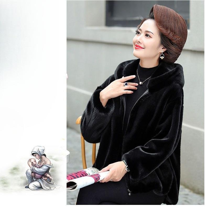 Autumn Winter Women's Long Hooded Fake Mink Fur Jacket Mom Style Integrated Leather and Fur Outerwear Plush Coat