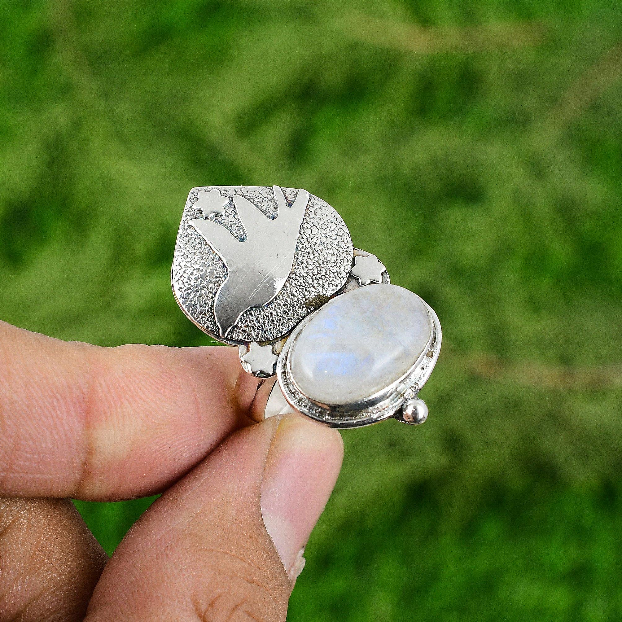 

Натуральный Радужный Лунный Камень Серебро 925 пробы Кольцо Солитер Птица Регулируемое для Девочек Adjustable