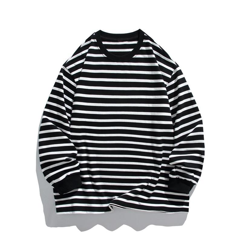 Spring and Autumn New Men's Korean Style Round Neck Contrast Color Striped Long Sleeve Pure Cotton Couple Internet Celebrity Same Style Top