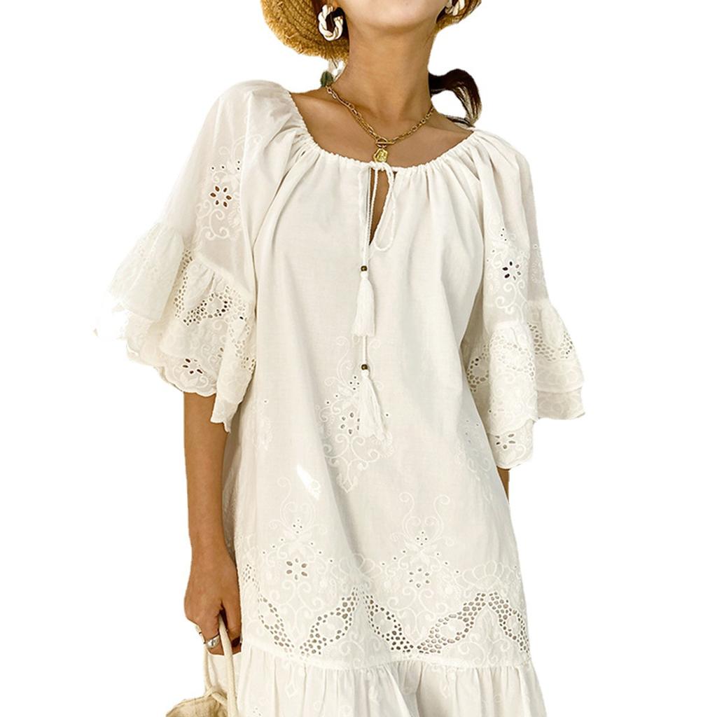 Summer Short Skirt Temperament Commuter Solid Color Cotton Loose White Lace Commuter Vacation Dress