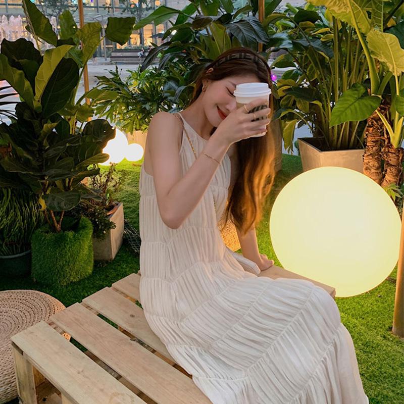 

Seaside White Elegant Korean Slim Summer Maxi Dress Large абрикосовий