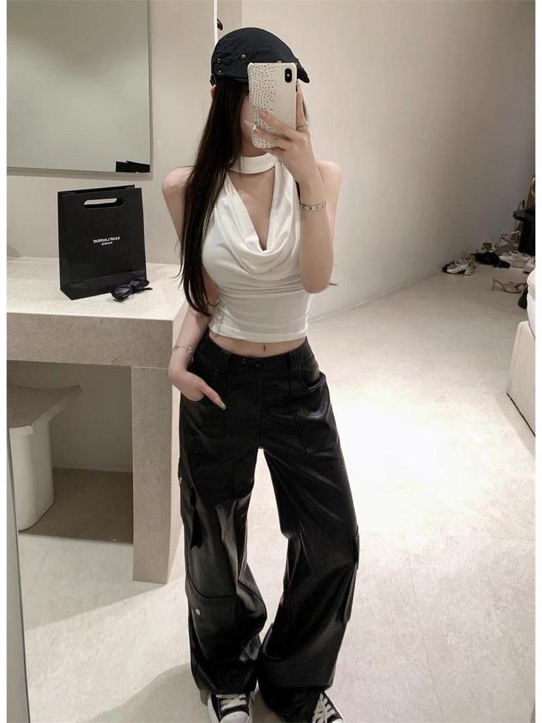 Khaki Backless Cowl Neck Halter Tank Top - Women's Summer Sleeveless Top