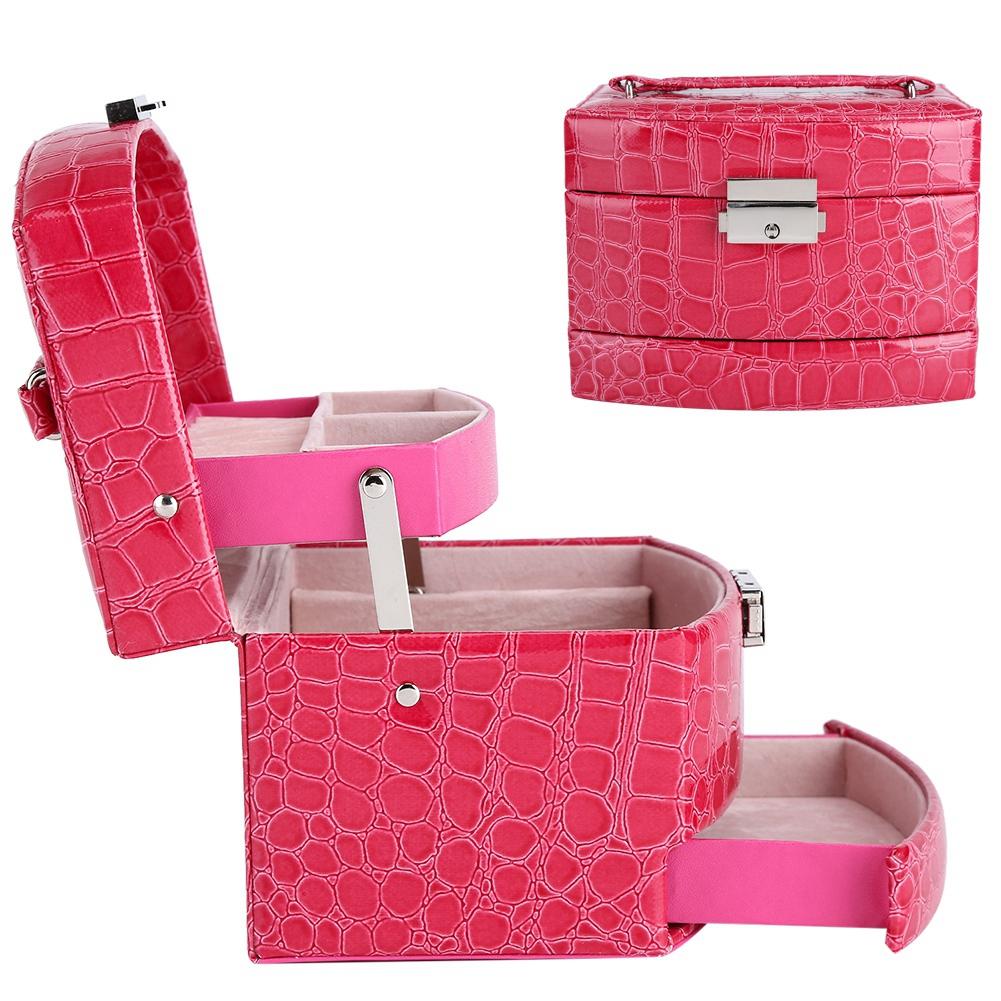 Portable Jewelry Box Storage Multi Layer Organizer Case Ring Earring Necklace Mirror (Rose Red)