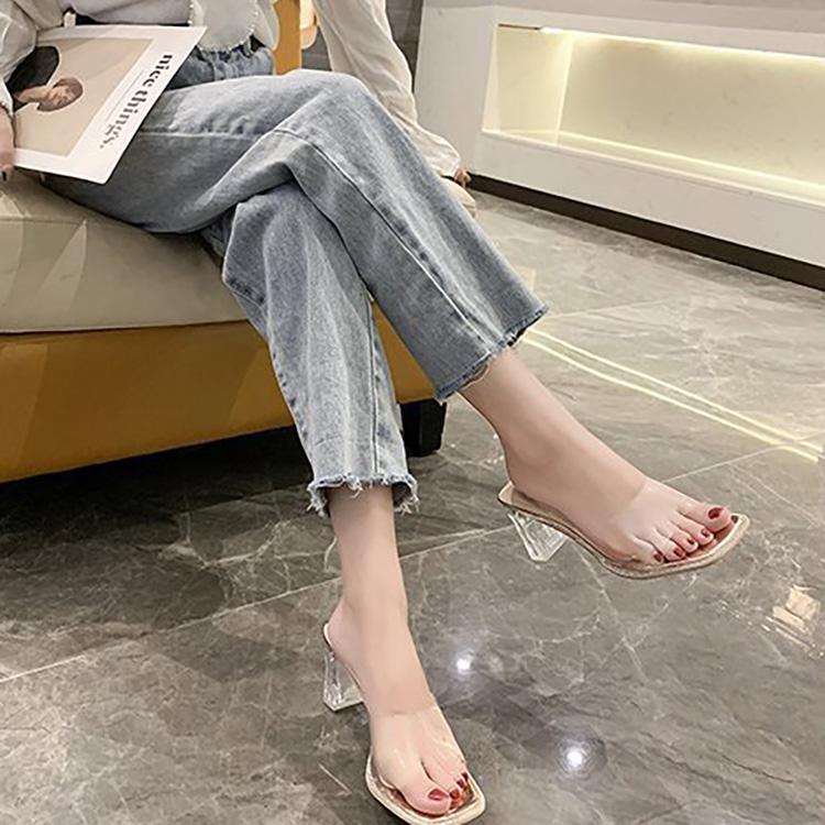 Damen Sommer-Clip-On High Thick Heel Hausschuhe Casual Square Head Outdoor Crystal Heels Sandalen 35-42