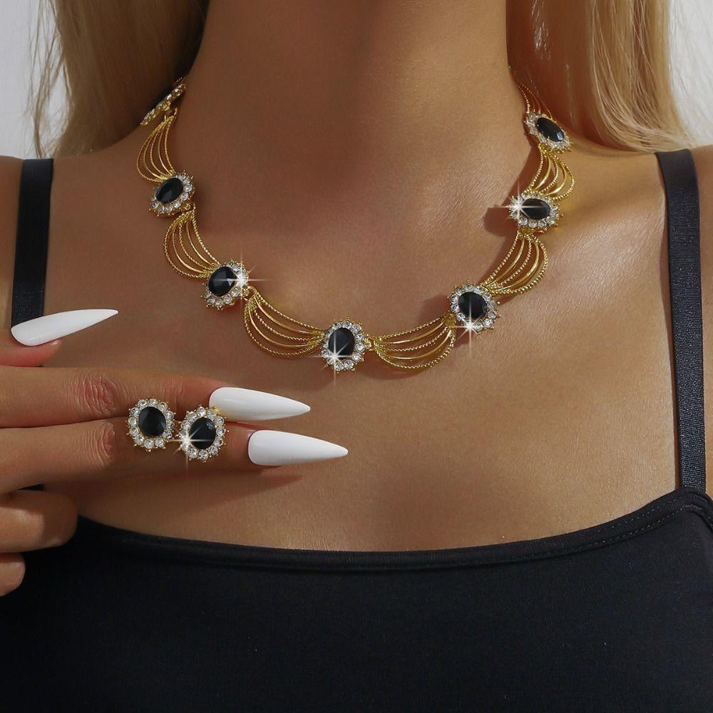 Gold-Tone Gemstone Necklace Set Geometric Statement Jewelry Set Earring Matching Set  Women