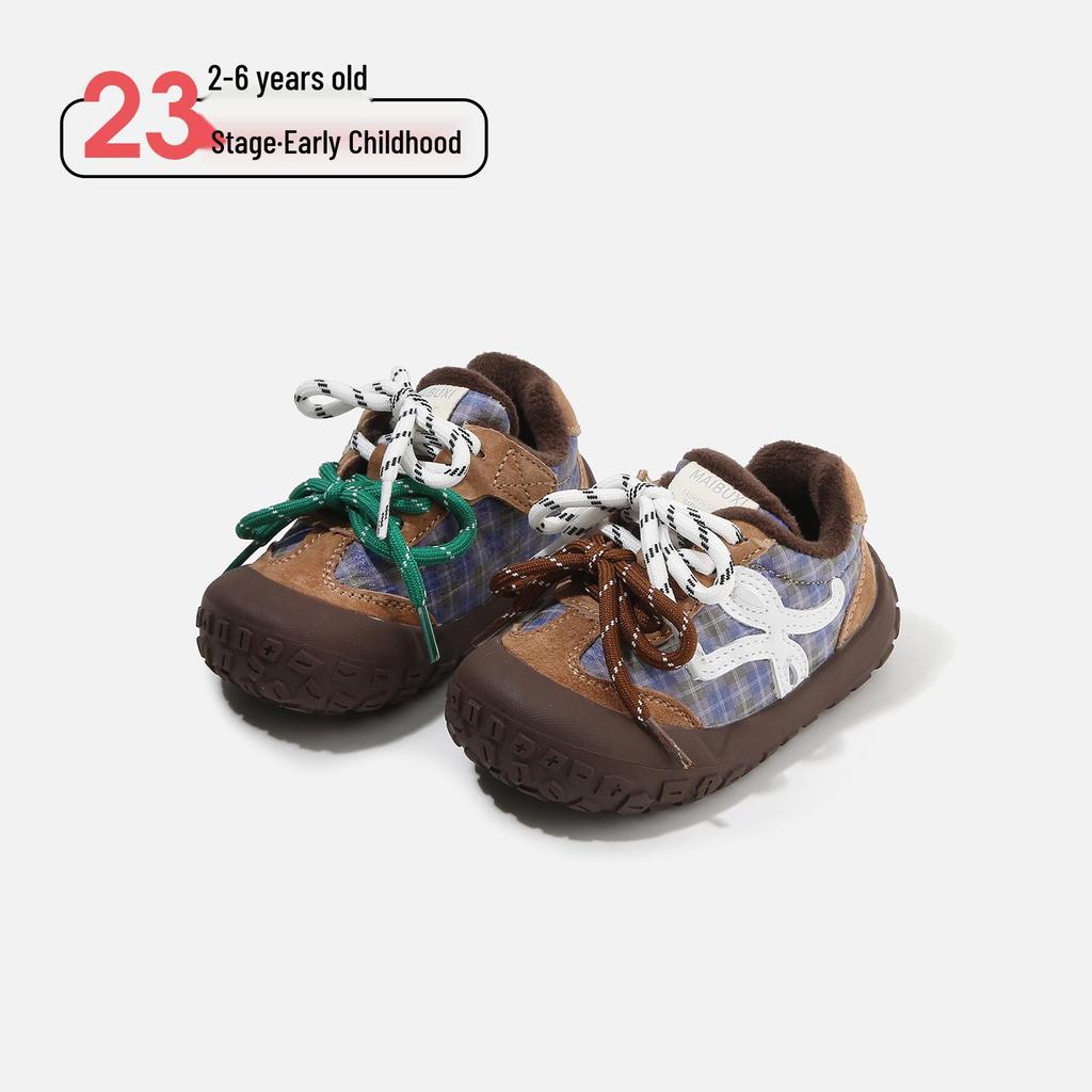Kids' Cotton Spliced Upper Sports Shoes: Winter Plaid Walking Shoes with Double Shoelaces for Boys and Girls