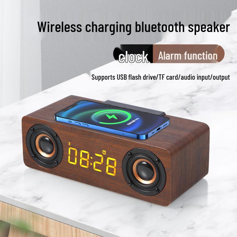 K1 Wooden Bluetooth Speaker & Wireless Charging Clock with Card Slot & U Disk Compatibility
