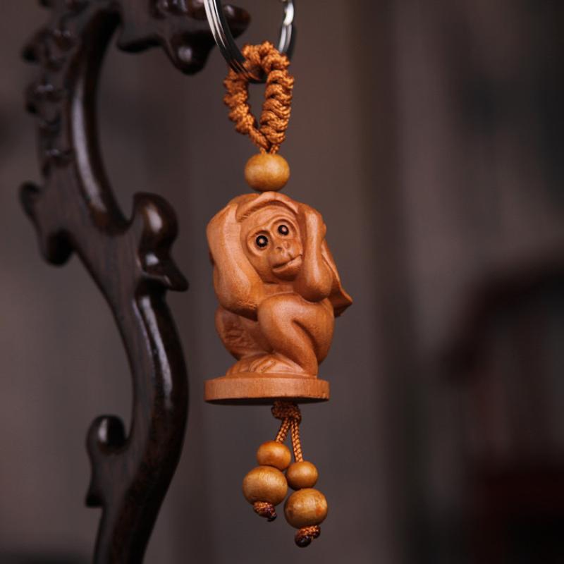 Animal Creative Fengshui Ethnic Lucky Mascot Gift Car Key Ring Chinese 12 Zodiac Keychain Engraving Wood Keyring