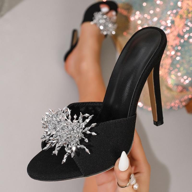 Eilyken New Summer Design Crystal Diamond Open Toe Slide Women Slippers Fashion Thin High Heels Banquet Party Shoes