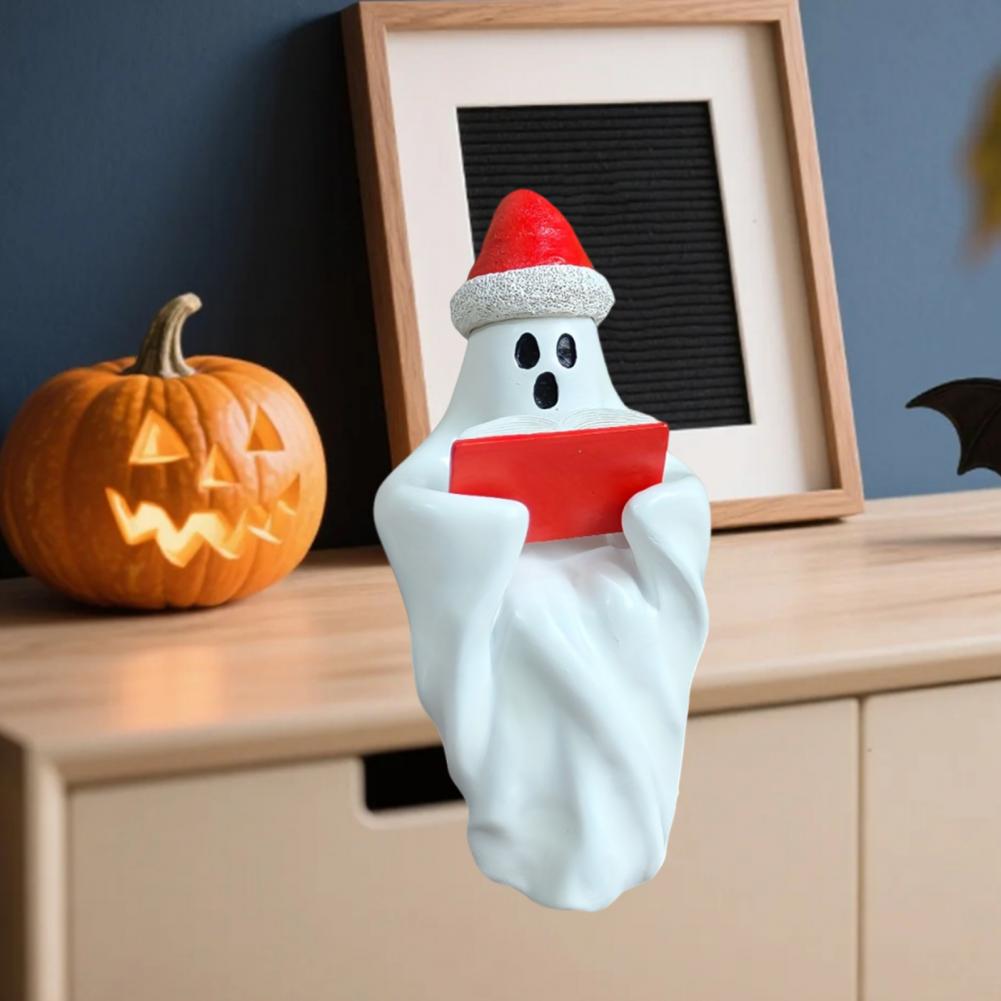 Resin Ghost Ornament Festive Halloween Ghost Statue with Christmas Hat Book Resin Figurine Sculpture for Holiday Party Desktop