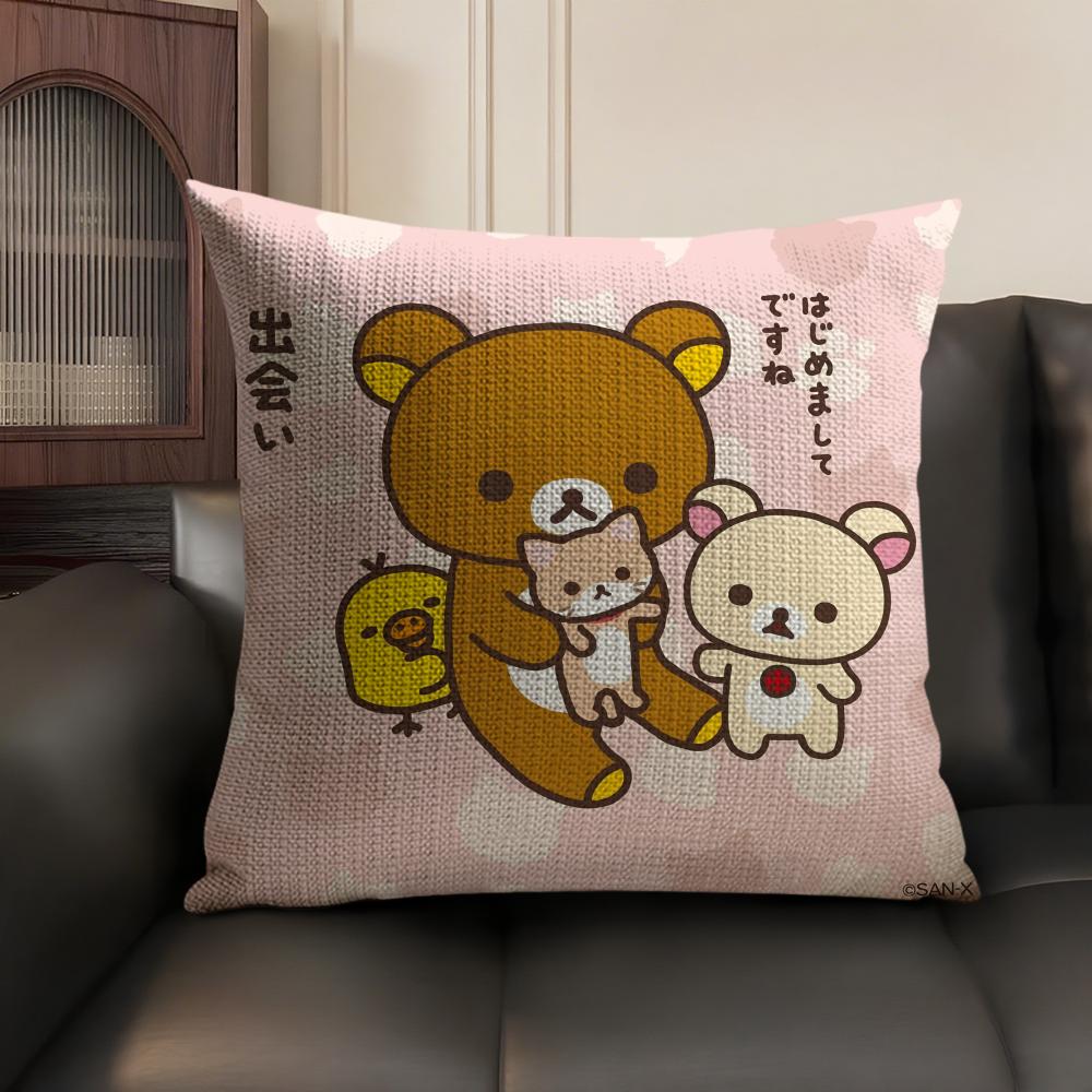Cute Cartoon Anime R-Rilakkuma Cushion Cover Natural Linen Organic Fabric Double-Sided Printing Sofa Home Decor Gift Pillow Case