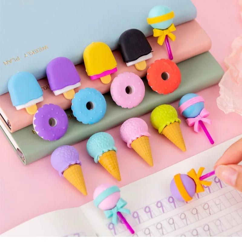 4pcs Yummy Icecream Erasers Set Mini Lollipop Dessert Popsicle Donuts Rubber Pencil Eraser for Kids Gift School Student Award