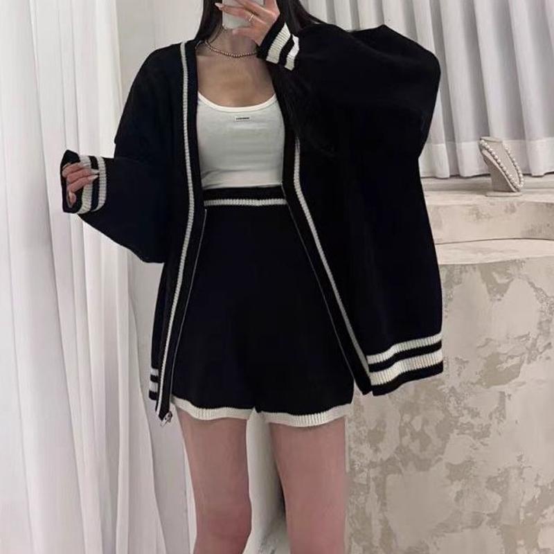 Cárdigan de Punto Holgado de Moda con Cuello en V y Cremallera, Suéter, Shorts Casuales de Cintura Alta, Conjunto de Dos Piezas, Ropa Elegante y Sencilla para Otoño Invierno