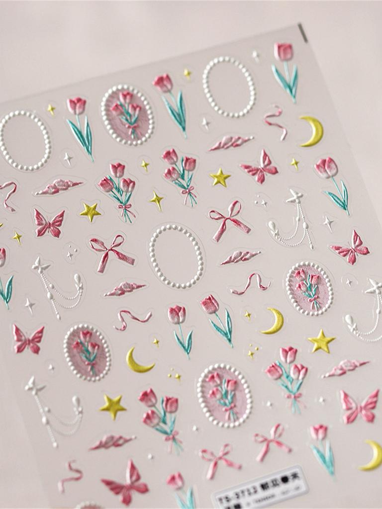1pcs 5D Nail Art Stickers Soft Relief Freesia Peony Tulip Flower Embossed Mixed Petal Leaf Self Adhesive Nail Decorations