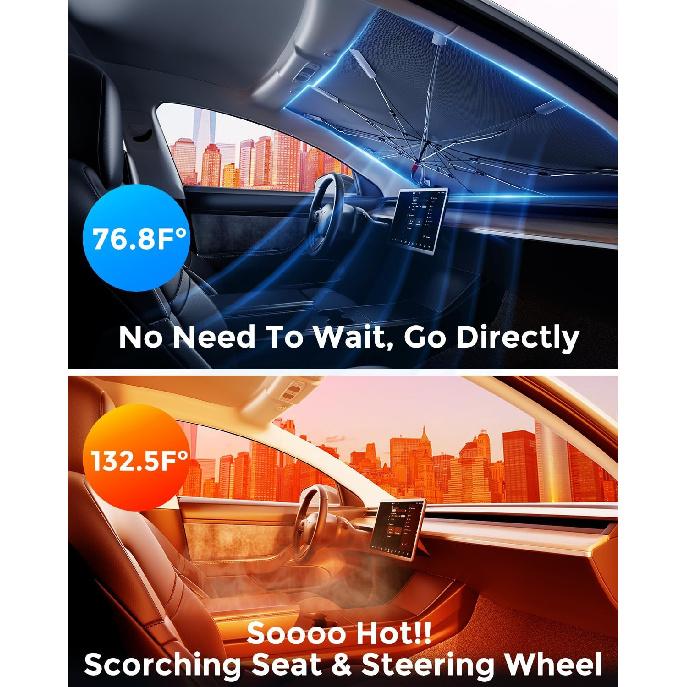 [2025 Updated] Bolamp Car Windshield Sun Shade, [Effective Keep Cool] Spring Structure Umbrella Sunshade for Automobile Windshield, Protect Cars