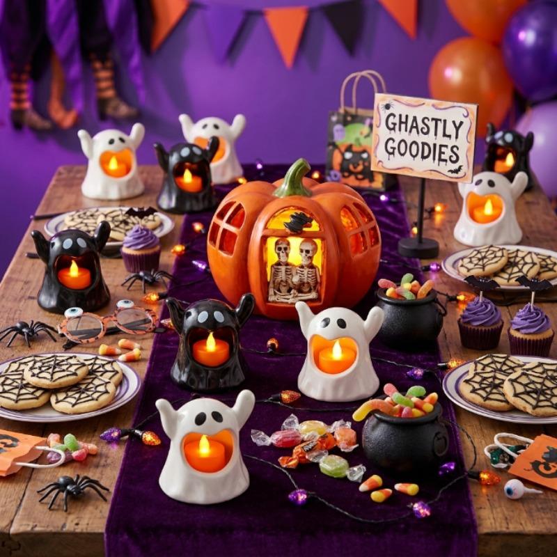 Halloween Ghost LED Candle Light Flickering Candle Lamp Black White Ghost Tealight Horror Table Decor for Party Haunted House