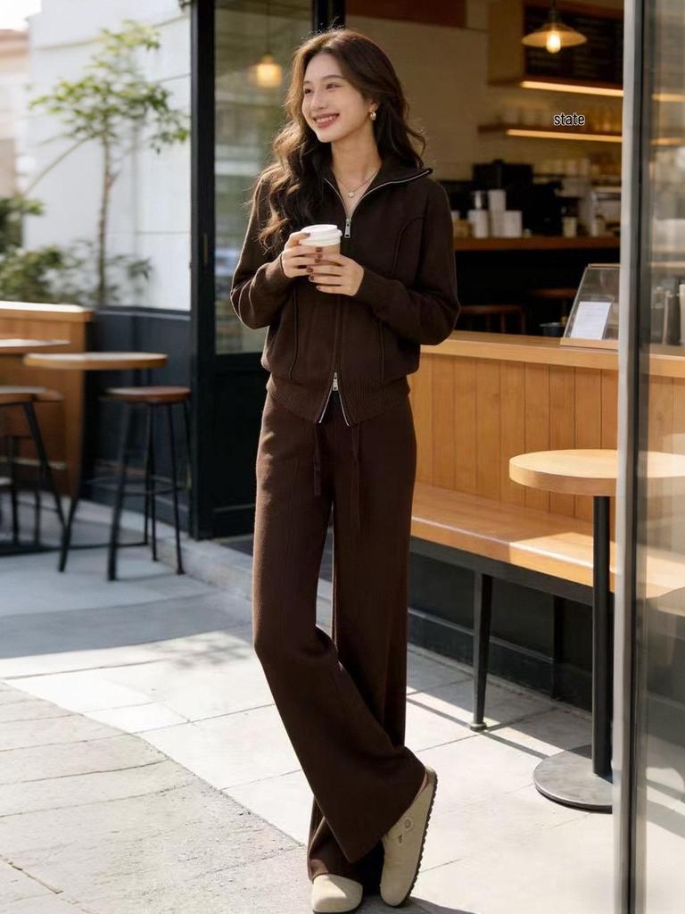 Korean Style Knit Sweater & Wide Leg Pants Set - Women's Spring/Autumn Slimming Hoodie Sportswear Two-Piece Set
