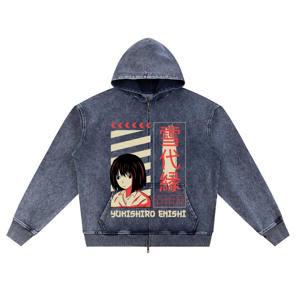 

DTG print Knitted Denim Zip-Up Hoodie anime streetwear 4 Brother Print Zipper Hoodies XL темно-синий